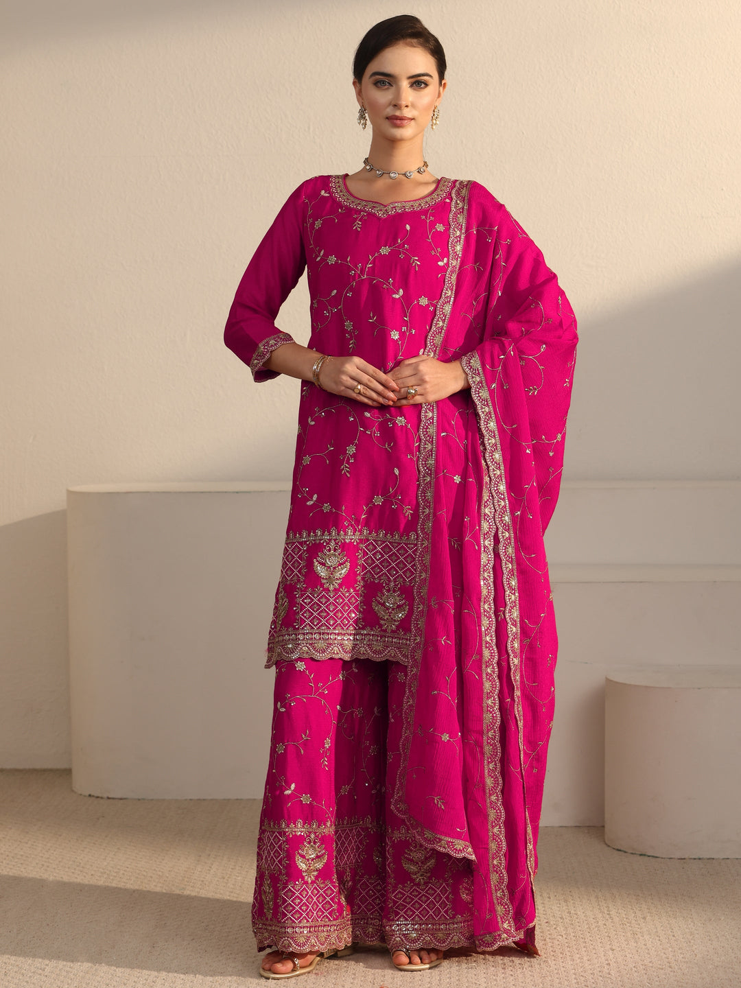  Libas Art Fuchsia Pink Floral Zari Embroidered Chinon Palazzo Suit Set 