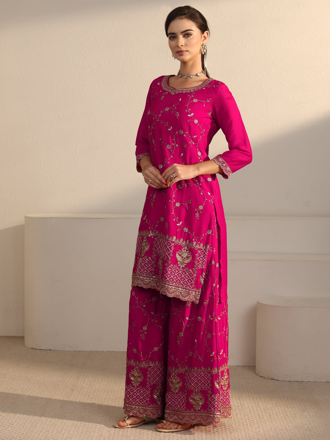  Libas Art Fuchsia Pink Floral Zari Embroidered Chinon Palazzo Suit Set 