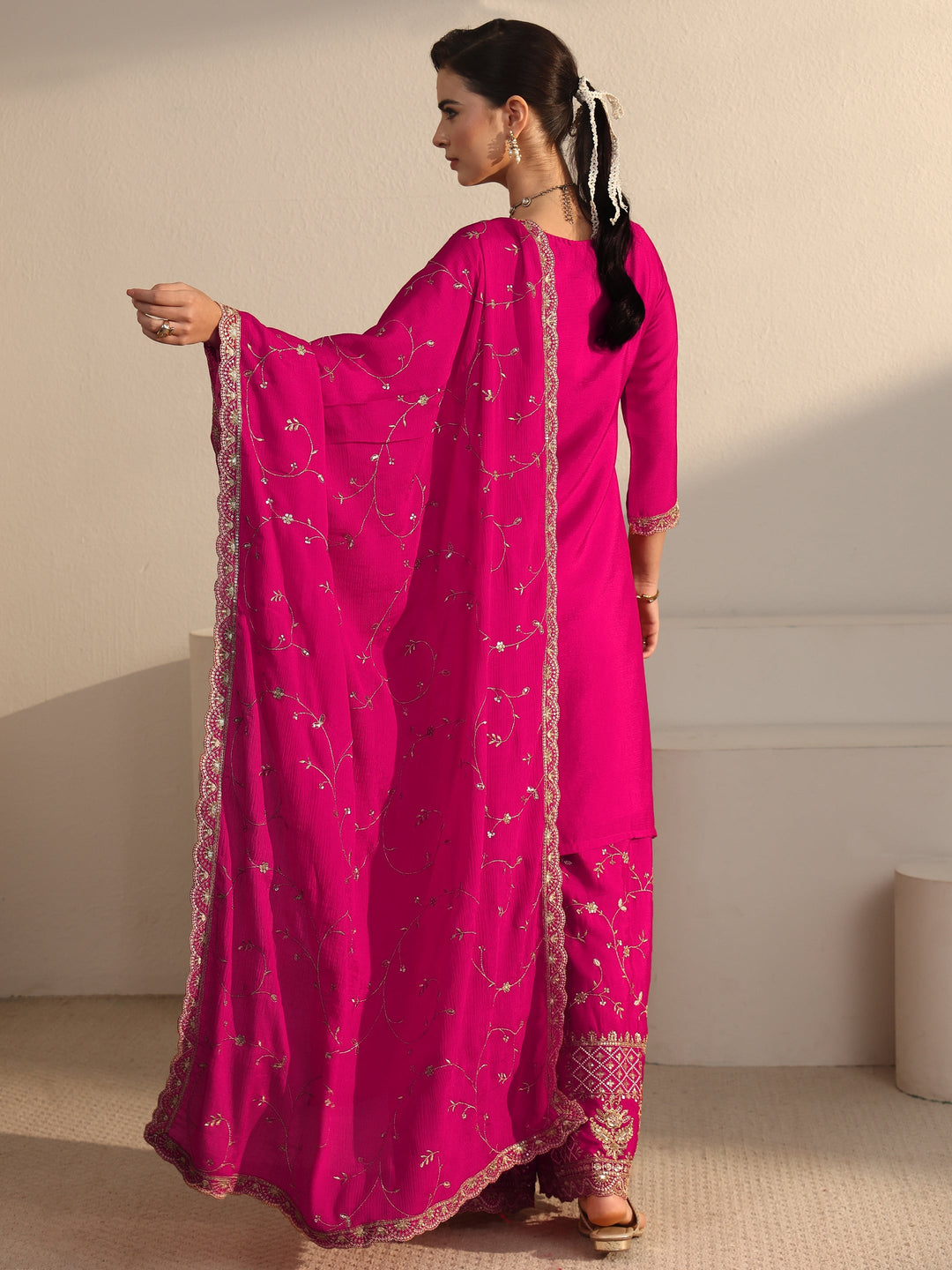  Libas Art Fuchsia Pink Floral Zari Embroidered Chinon Palazzo Suit Set 