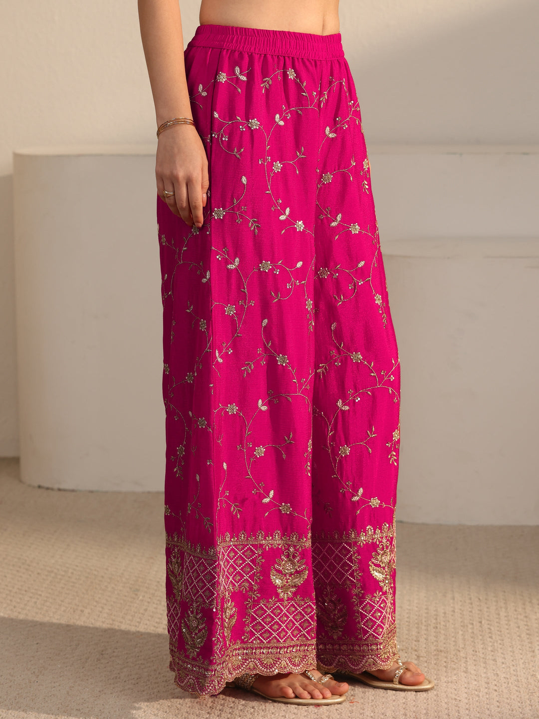  Libas Art Fuchsia Pink Floral Zari Embroidered Chinon Palazzo Suit Set 