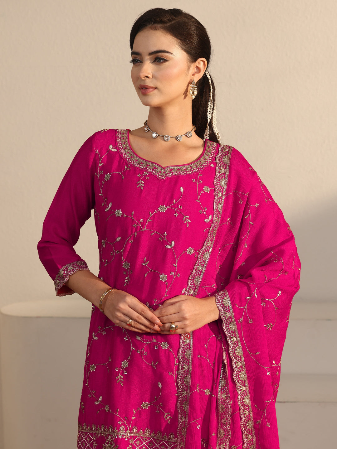  Libas Art Fuchsia Pink Floral Zari Embroidered Chinon Palazzo Suit Set 