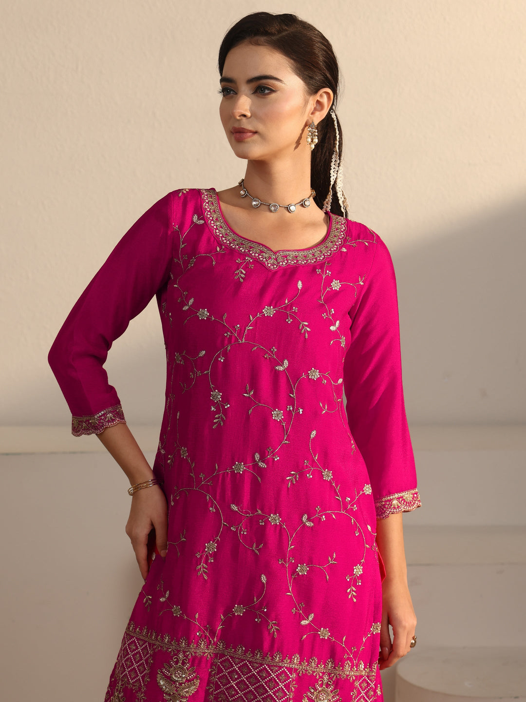  Libas Art Fuchsia Pink Floral Zari Embroidered Chinon Palazzo Suit Set 