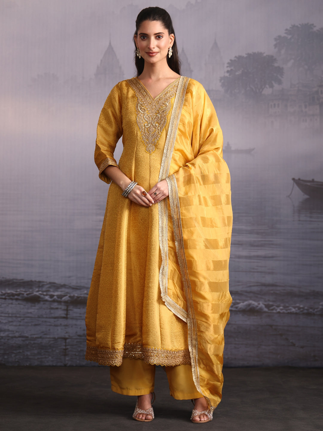  Libas Art Mustard Yellow Floral Woven Design A-Line Suit Set 