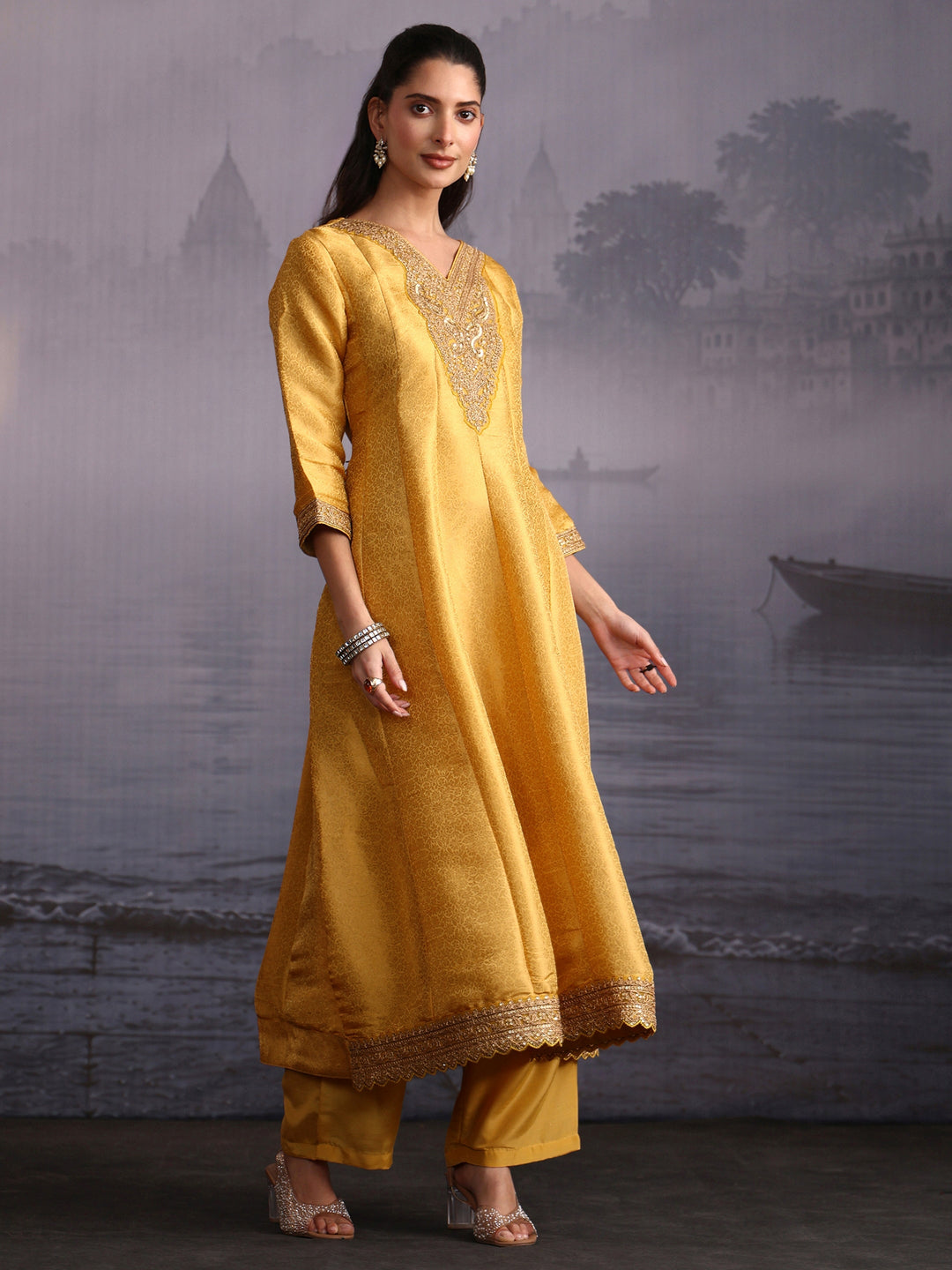  Libas Art Mustard Yellow Floral Woven Design A-Line Suit Set 