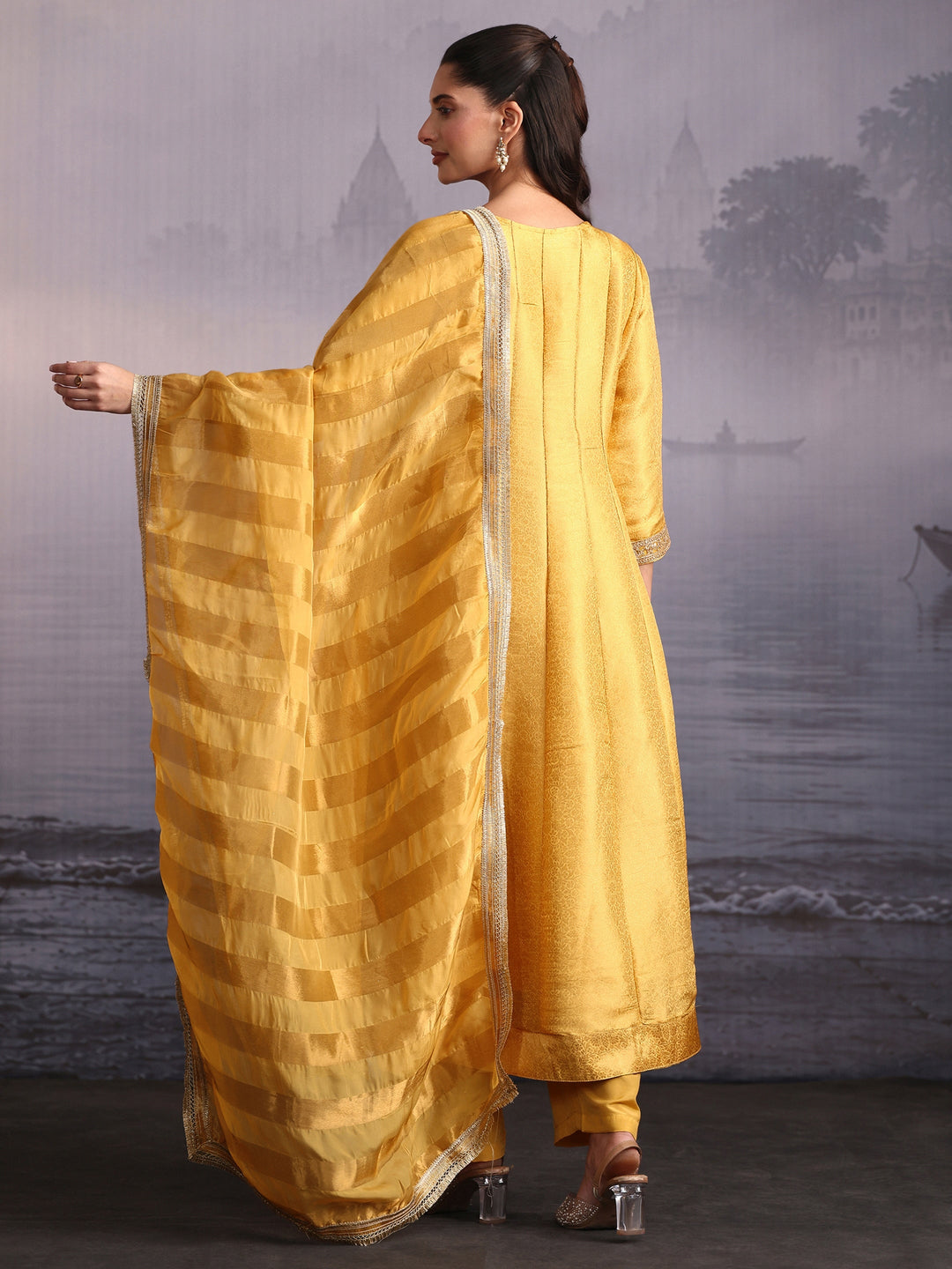  Libas Art Mustard Yellow Floral Woven Design A-Line Suit Set 