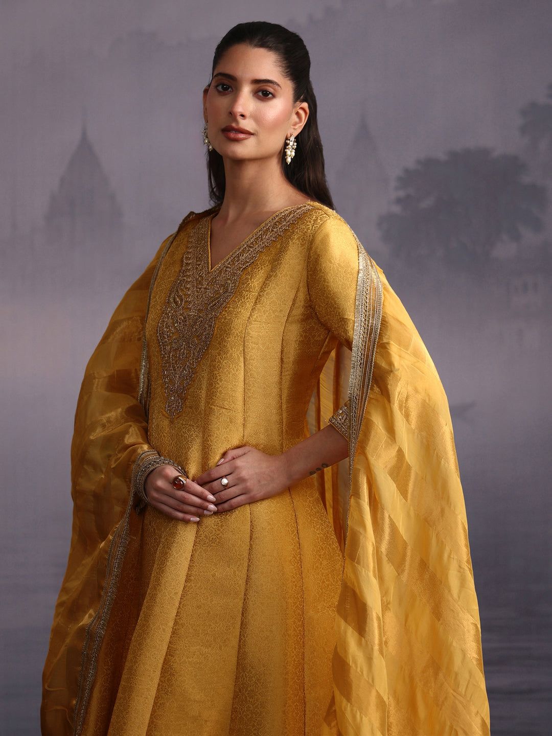  Libas Art Mustard Yellow Floral Woven Design A-Line Suit Set 