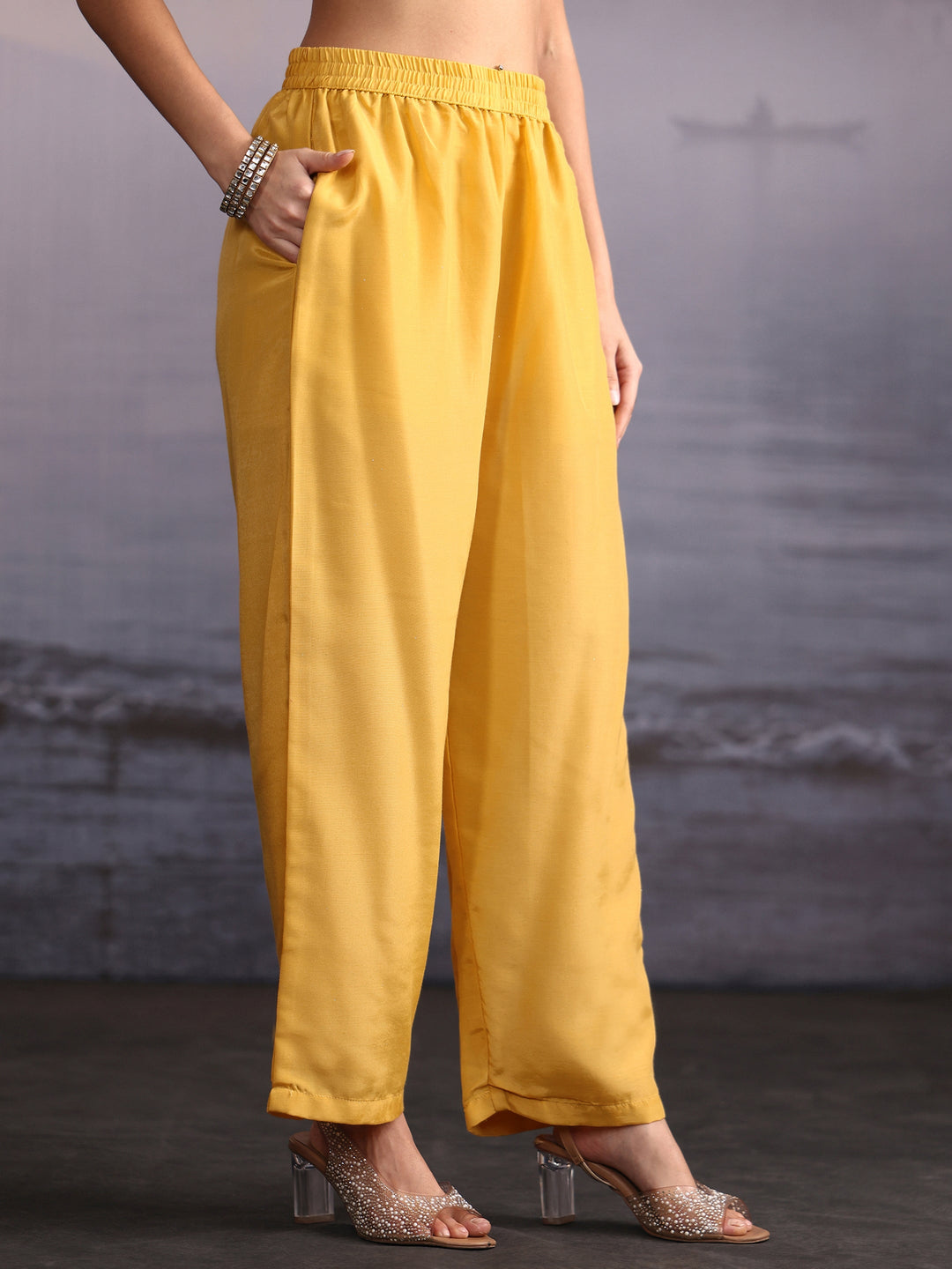  Libas Art Mustard Yellow Floral Woven Design A-Line Suit Set 