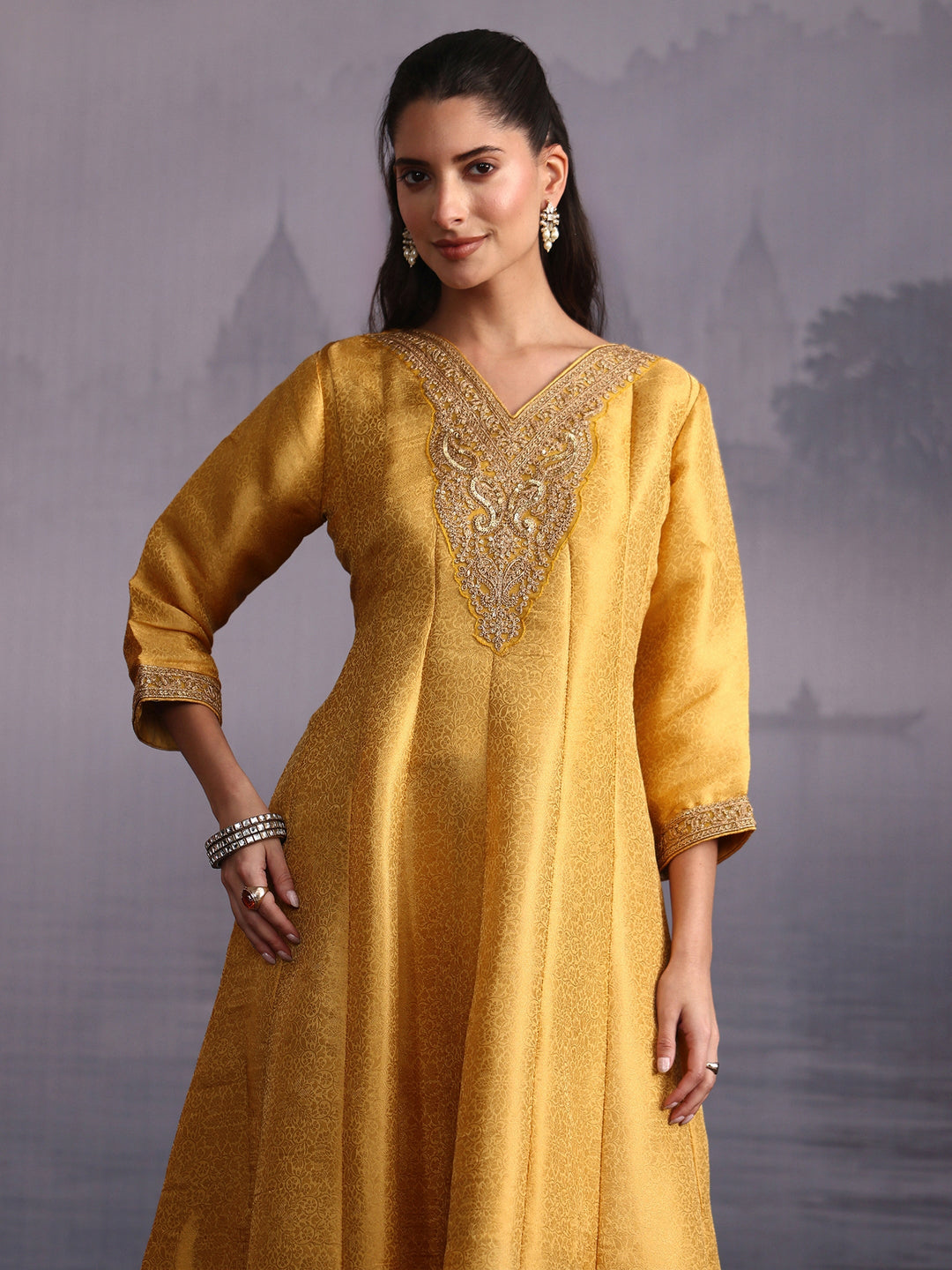  Libas Art Mustard Yellow Floral Woven Design A-Line Suit Set 