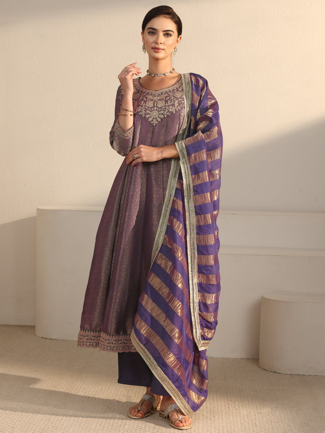  Libas Art Lavender Floral Woven Design Silk Blend A-Line Suit Set 