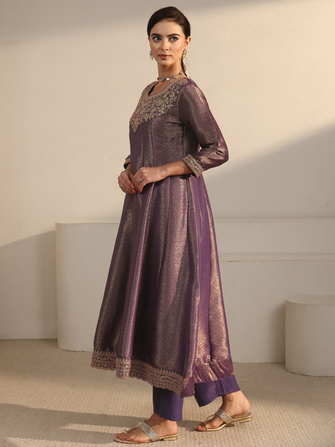  Libas Art Lavender Floral Woven Design Silk Blend A-Line Suit Set 
