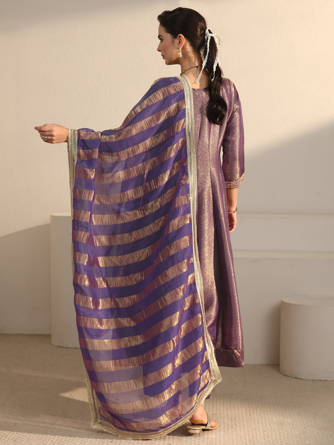  Libas Art Lavender Floral Woven Design Silk Blend A-Line Suit Set 