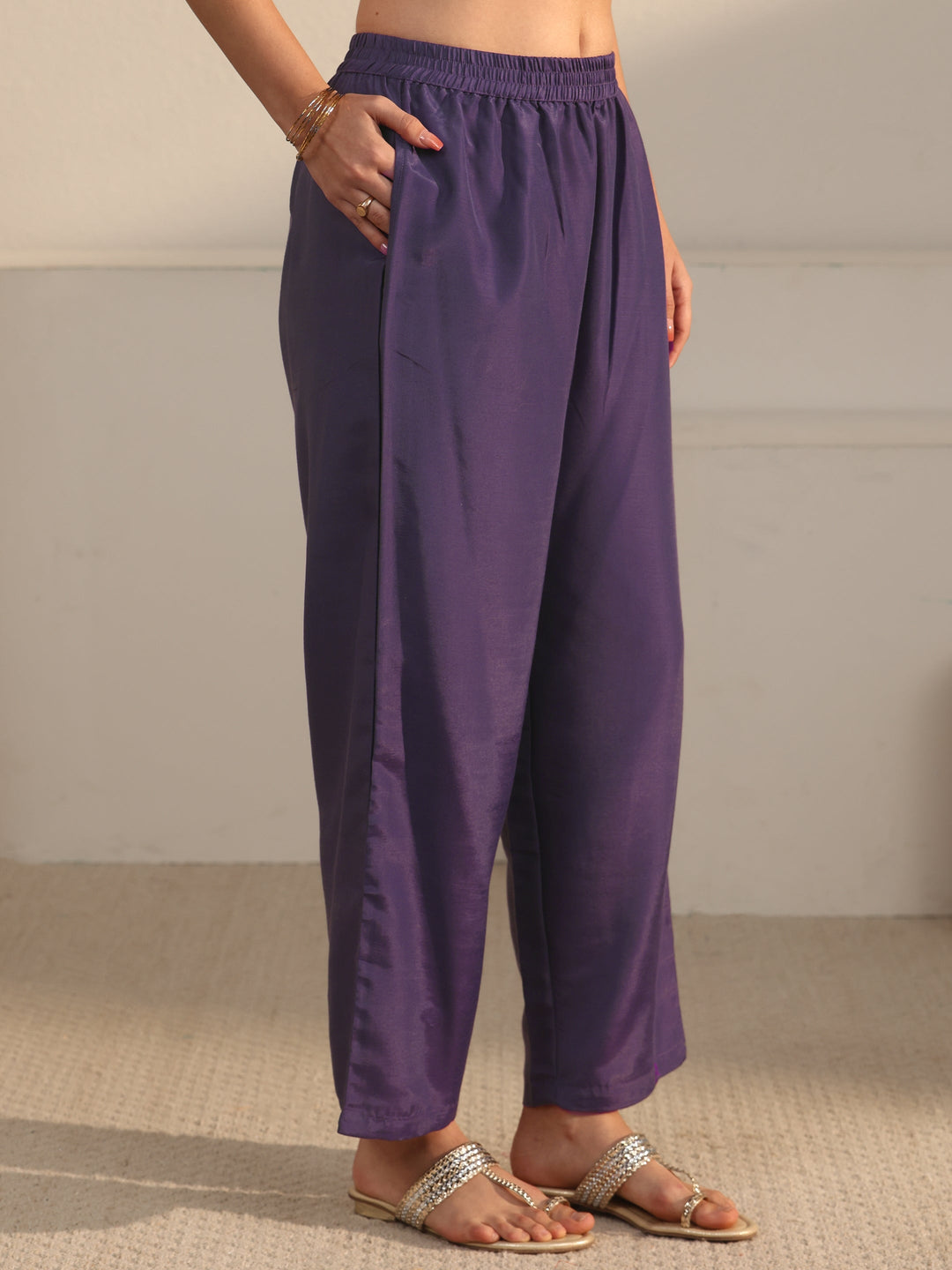  Libas Art Lavender Floral Woven Design Silk Blend A-Line Suit Set 