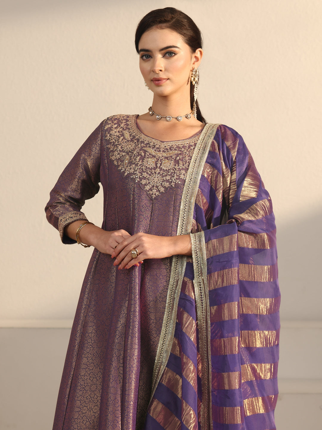  Libas Art Lavender Floral Woven Design Silk Blend A-Line Suit Set 