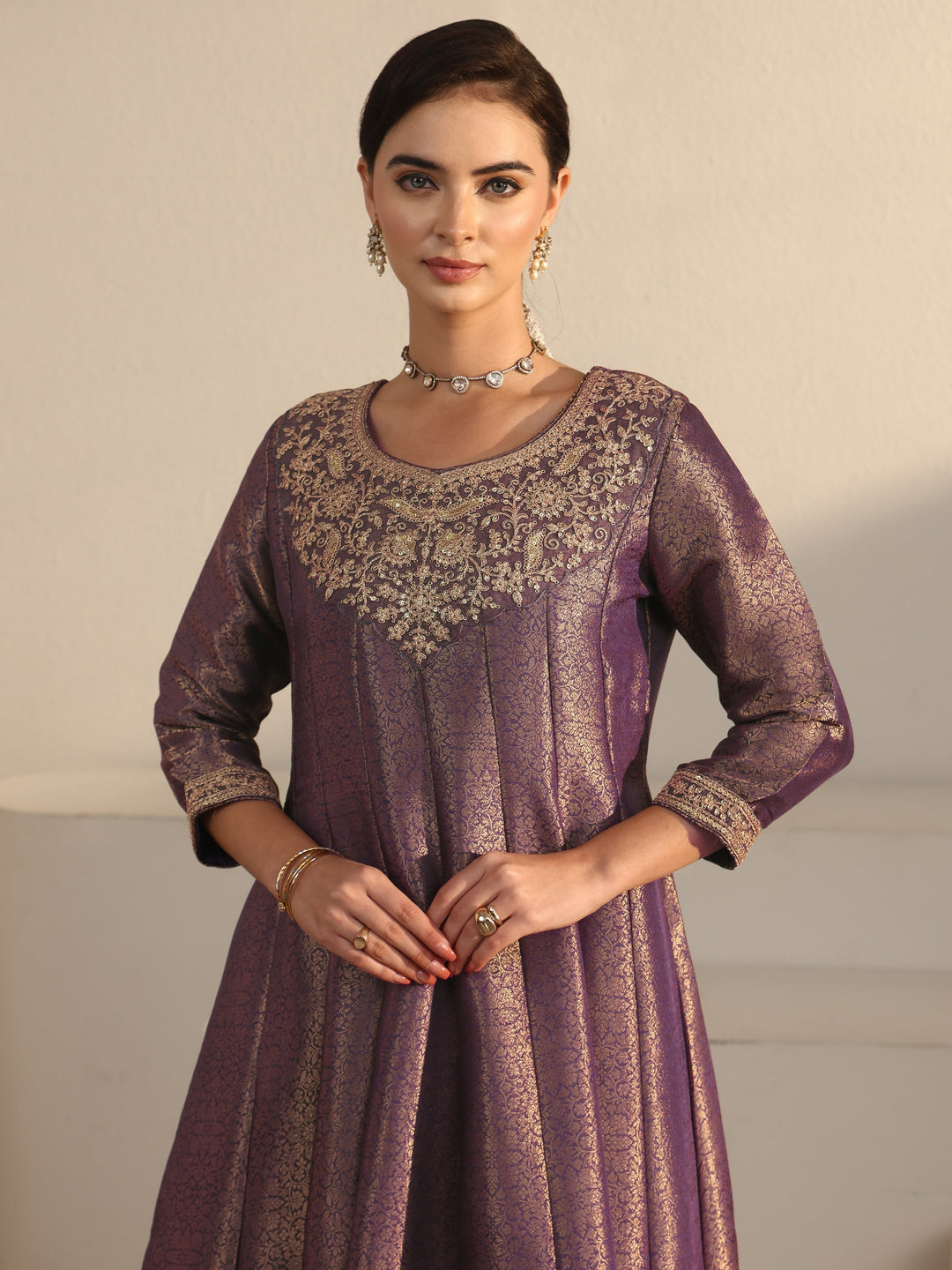  Libas Art Lavender Floral Woven Design Silk Blend A-Line Suit Set 