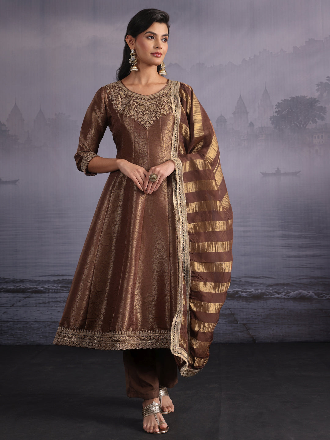  Libas Art Brown Floral Woven Design Silk Blend A-Line Suit Set 