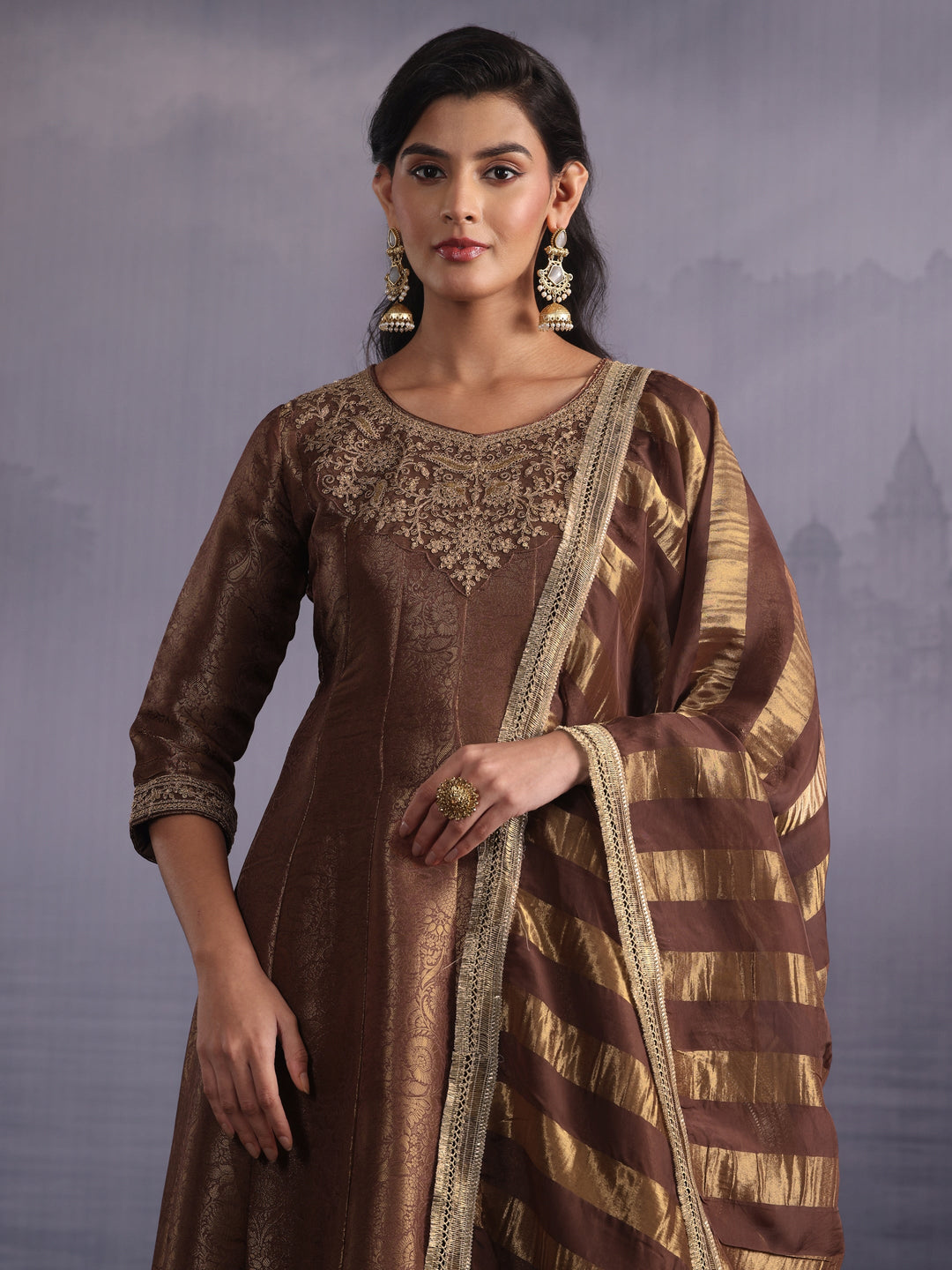  Libas Art Brown Floral Woven Design Silk Blend A-Line Suit Set 