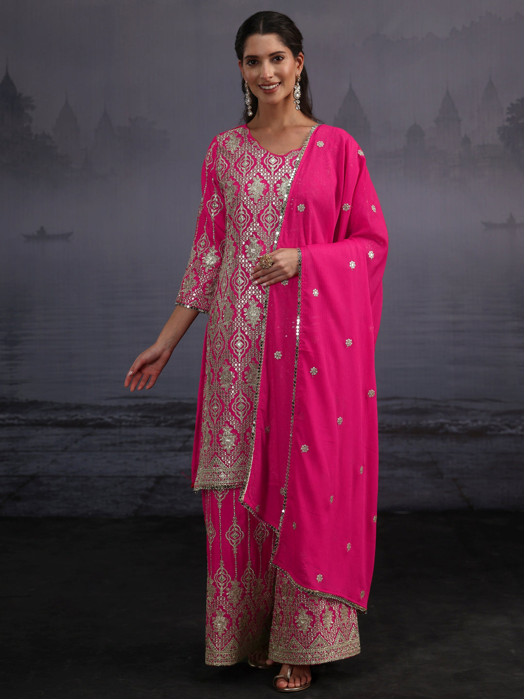  Libas Art Fuchsia Pink Dabka Work Chinon Palazzo Suit Set 