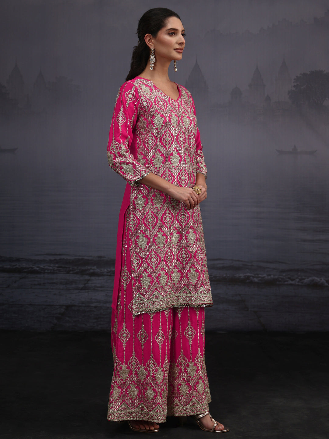  Libas Art Fuchsia Pink Dabka Work Chinon Palazzo Suit Set 
