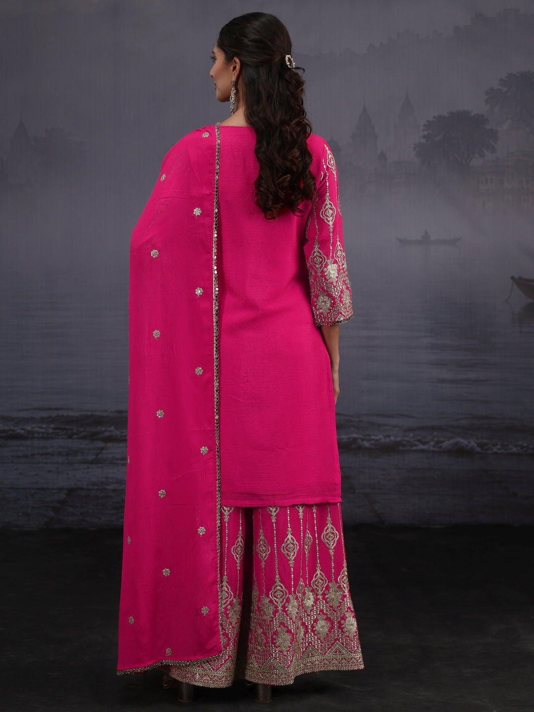  Libas Art Fuchsia Pink Dabka Work Chinon Palazzo Suit Set 
