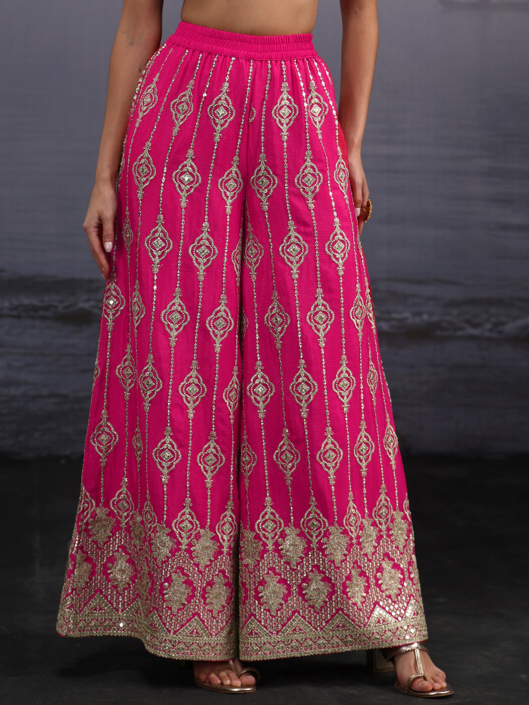  Libas Art Fuchsia Pink Dabka Work Chinon Palazzo Suit Set 