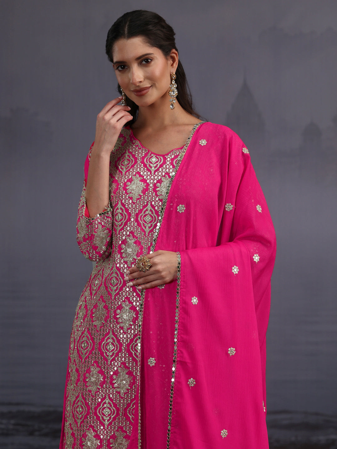 Libas Art Fuchsia Pink Dabka Work Chinon Palazzo Suit Set 