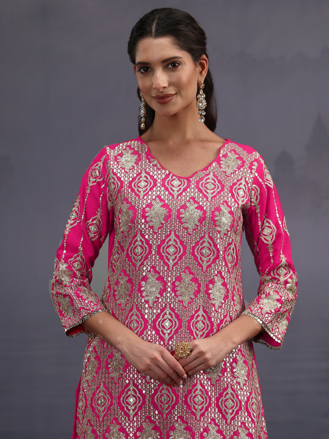  Libas Art Fuchsia Pink Dabka Work Chinon Palazzo Suit Set 