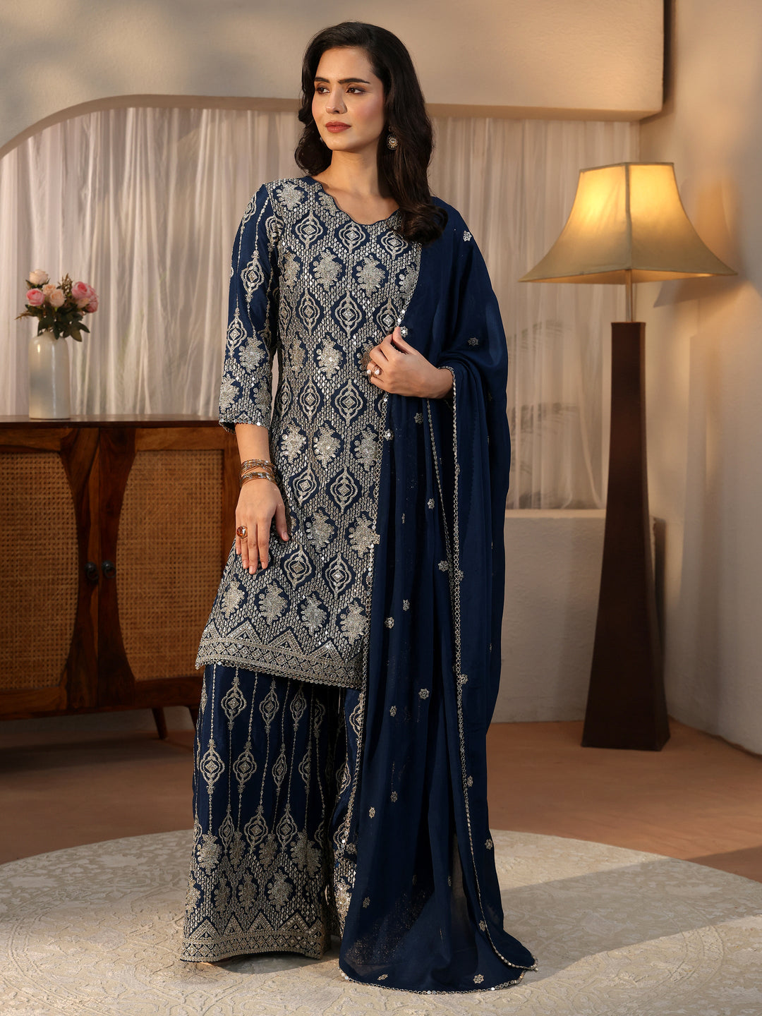 Libas Art Navy Blue Ethnic Embroidered Chinon Palazzo Suit Set 
