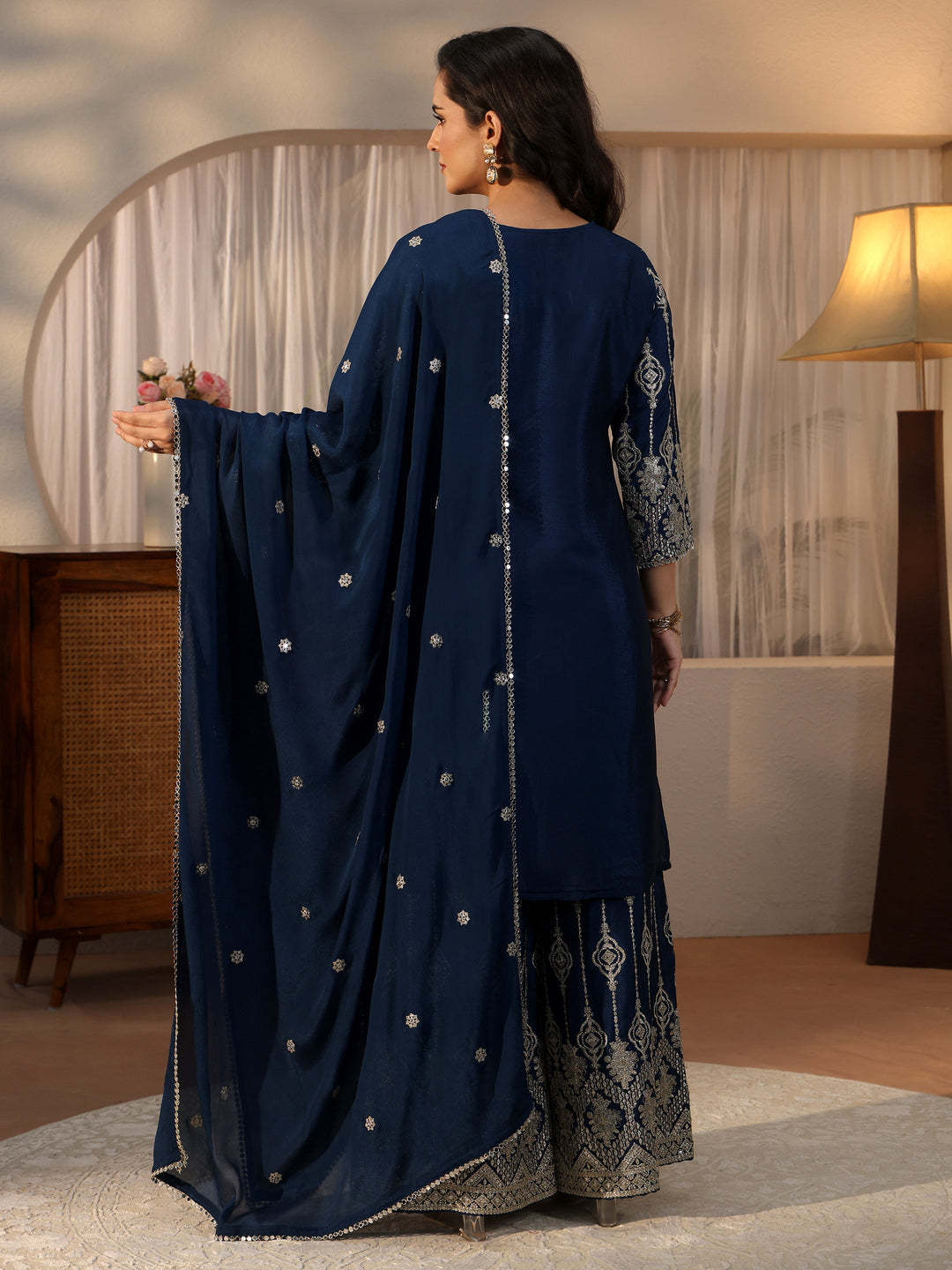  Libas Art Navy Blue Ethnic Embroidered Chinon Palazzo Suit Set 
