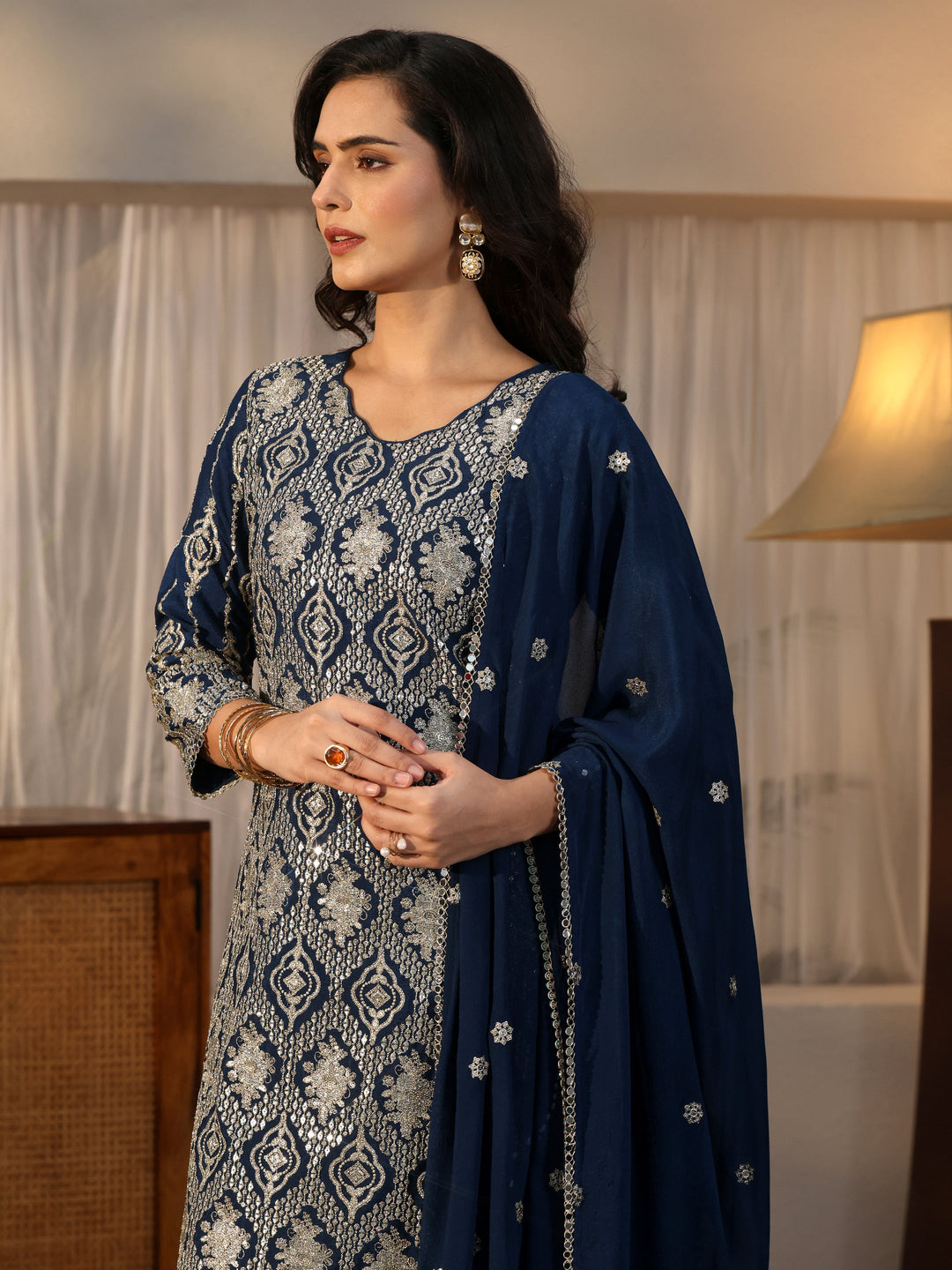  Libas Art Navy Blue Ethnic Embroidered Chinon Palazzo Suit Set 