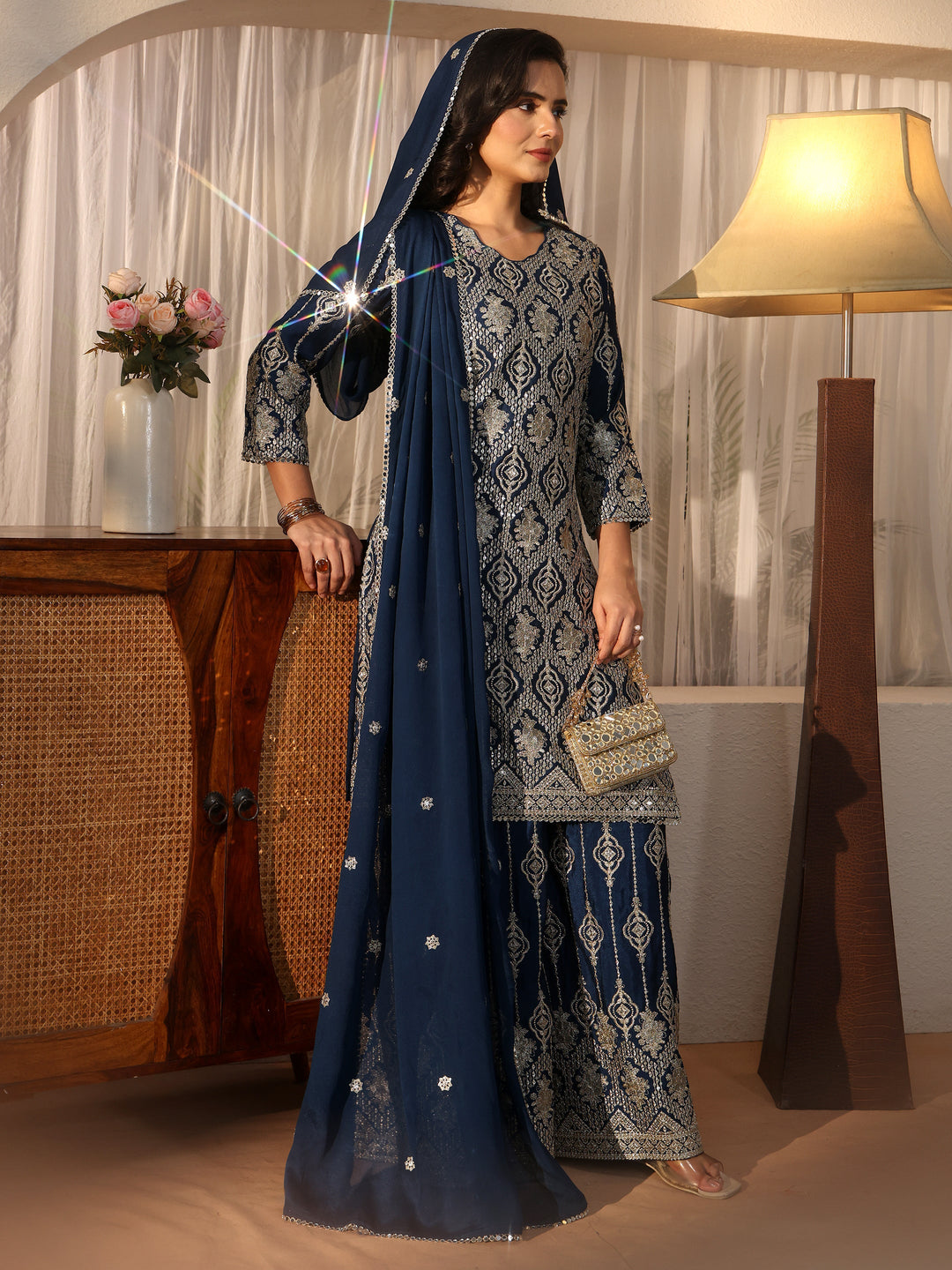  Libas Art Navy Blue Ethnic Embroidered Chinon Palazzo Suit Set 