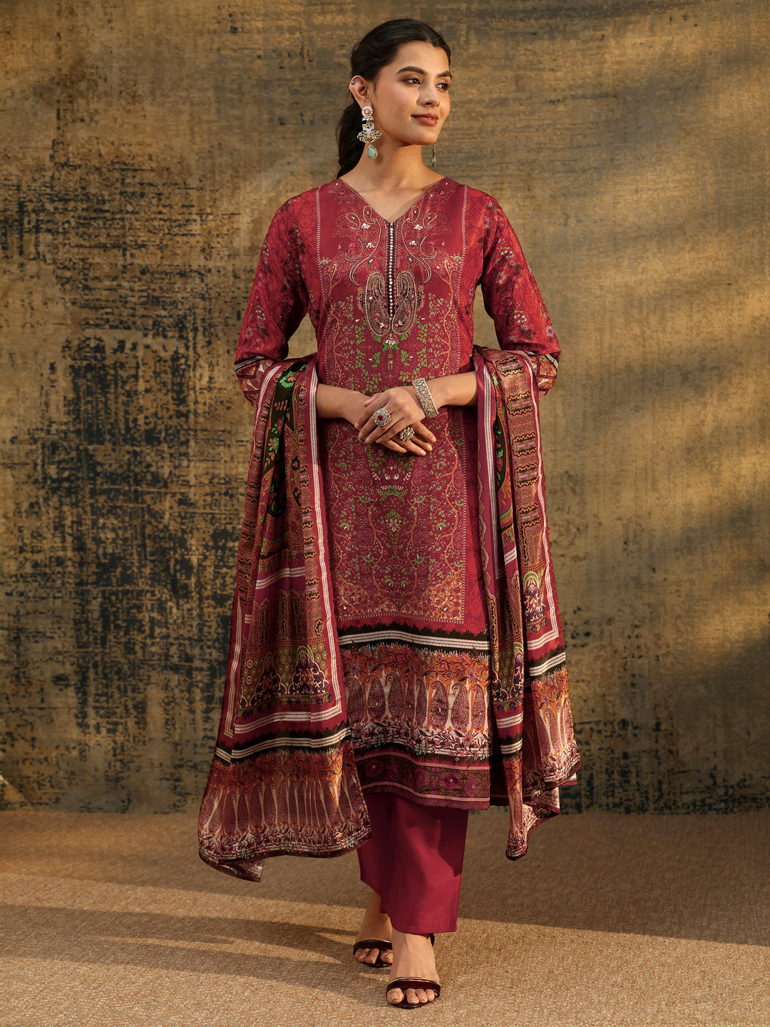  Libas Rust Brown Ethnic Print Chinon Straight Suit Set 