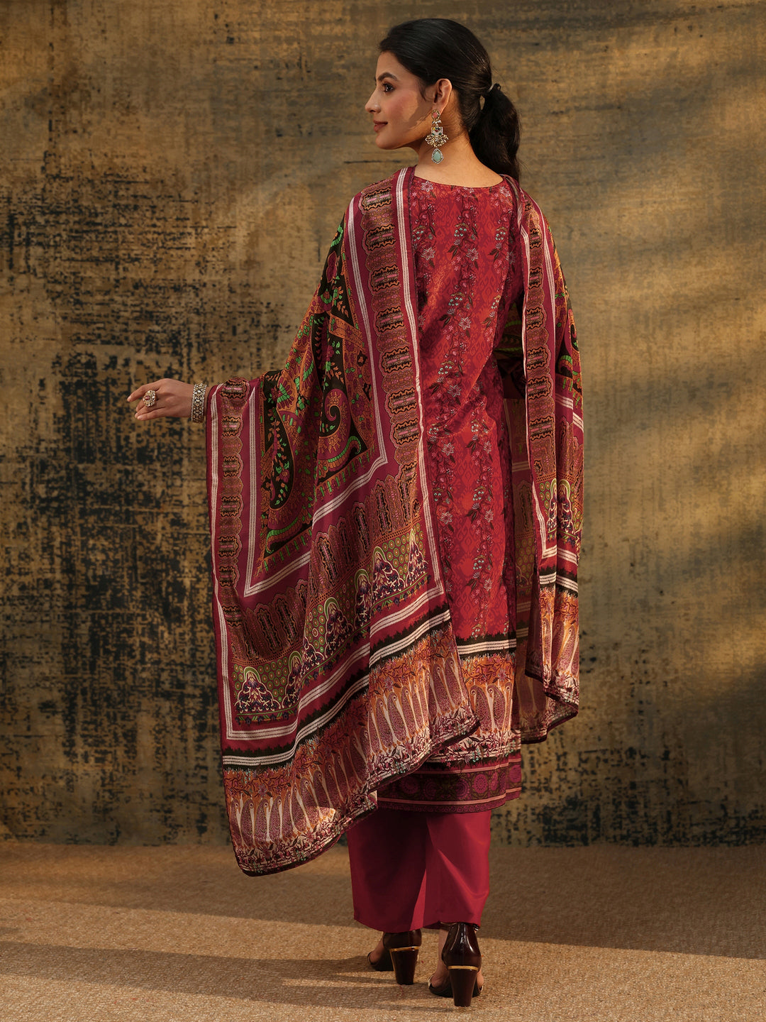  Libas Rust Brown Ethnic Print Chinon Straight Suit Set 