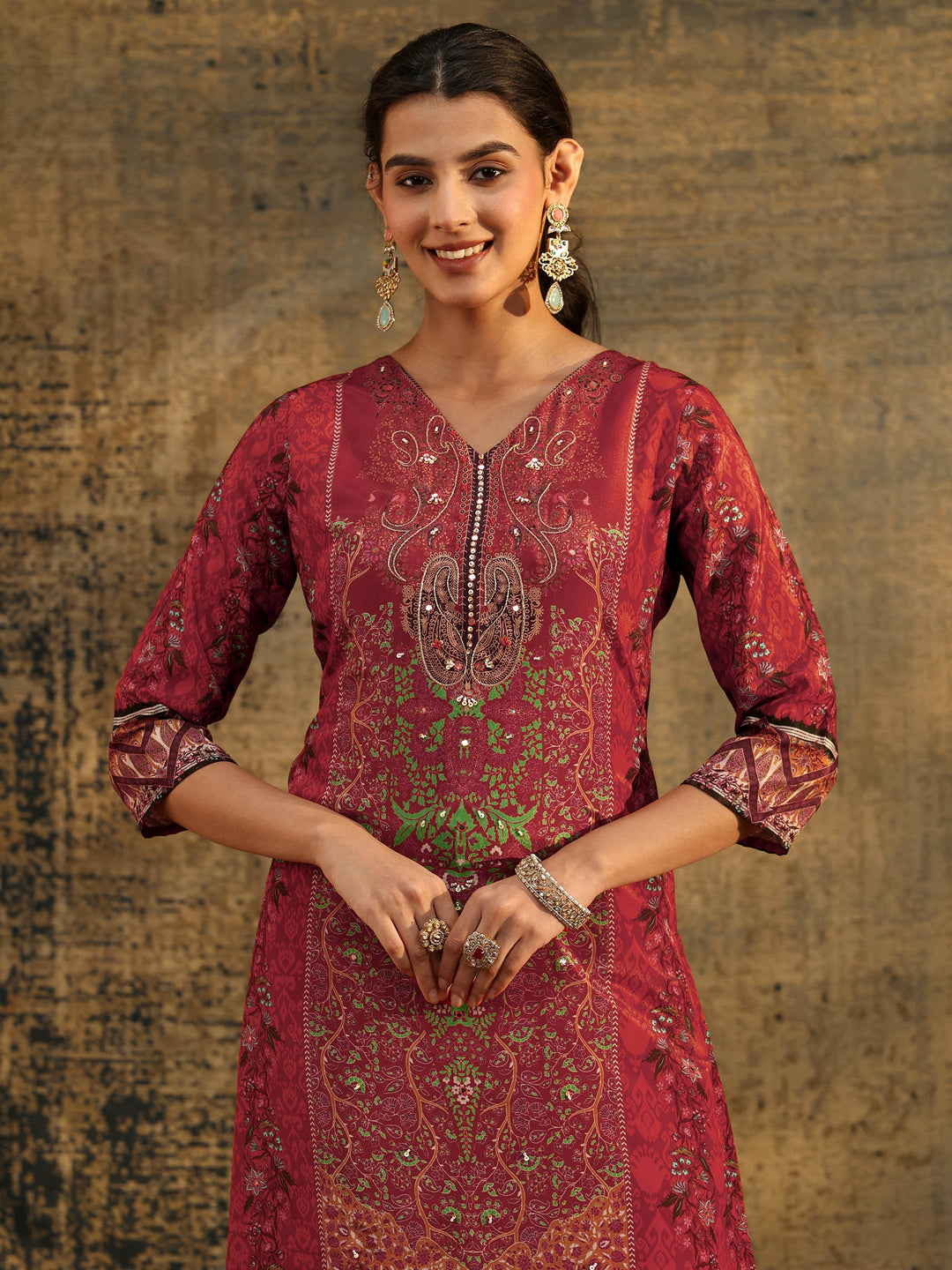  Libas Rust Brown Ethnic Print Chinon Straight Suit Set 