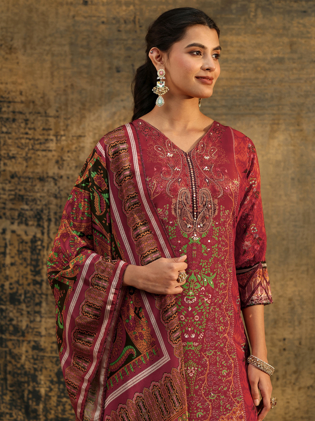  Libas Rust Brown Ethnic Print Chinon Straight Suit Set 