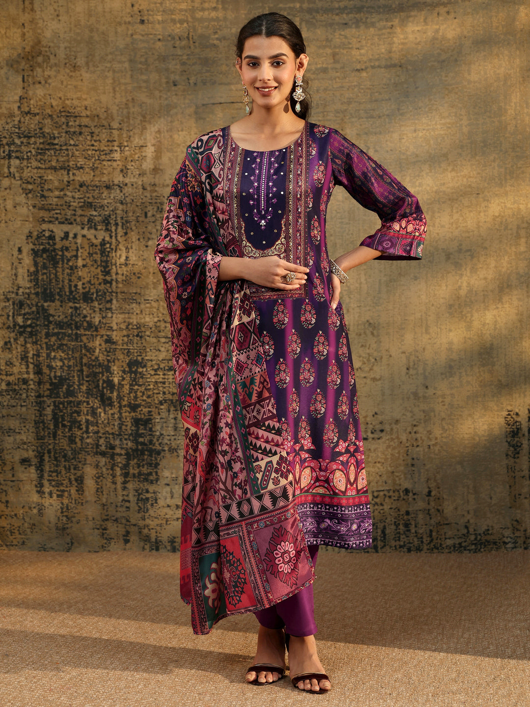  Libas Dark Purple Floral Embroidered  Chinon Straight Suit Set 