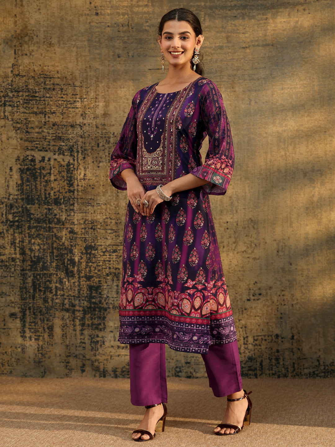  Libas Dark Purple Floral Embroidered  Chinon Straight Suit Set 