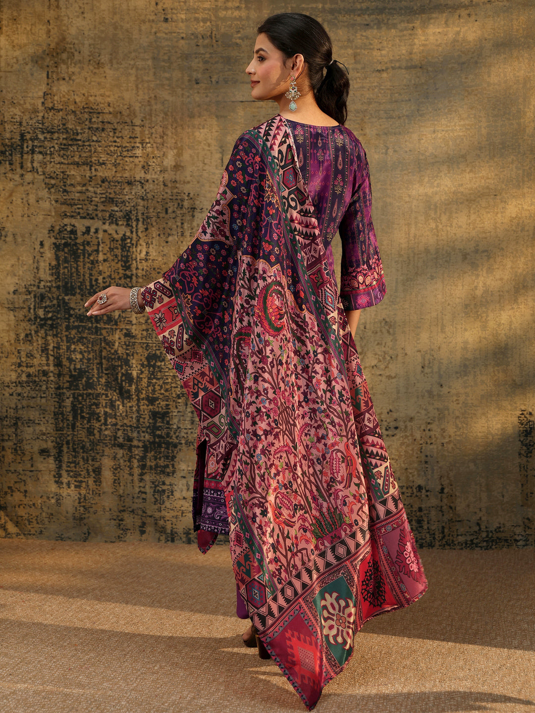  Libas Dark Purple Floral Embroidered  Chinon Straight Suit Set 