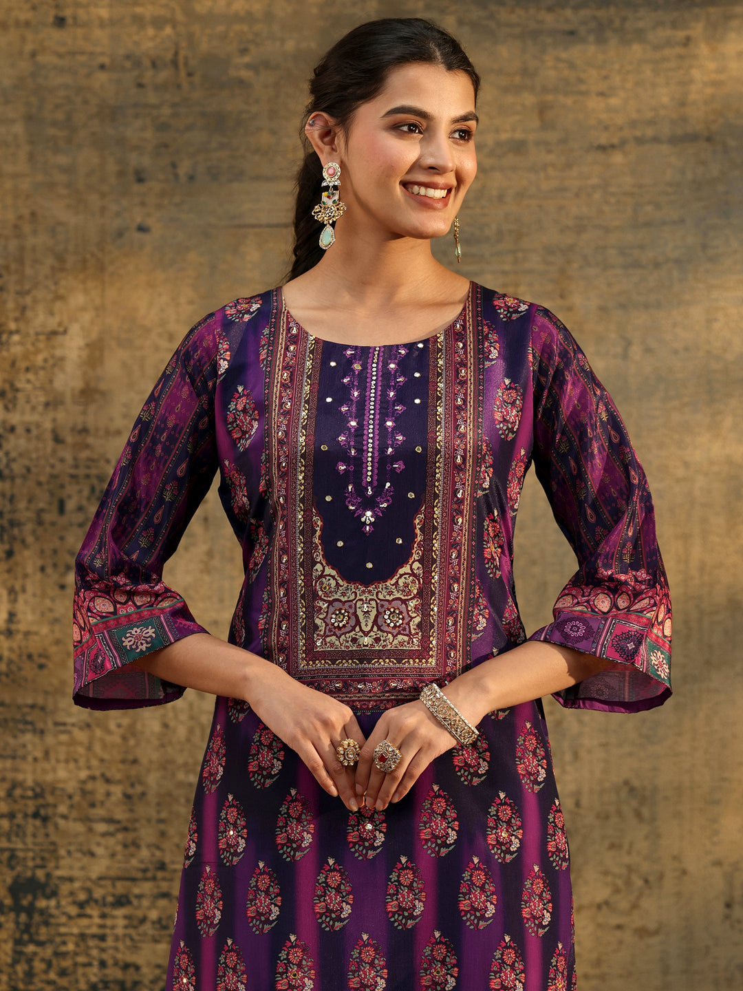  Libas Dark Purple Floral Embroidered  Chinon Straight Suit Set 