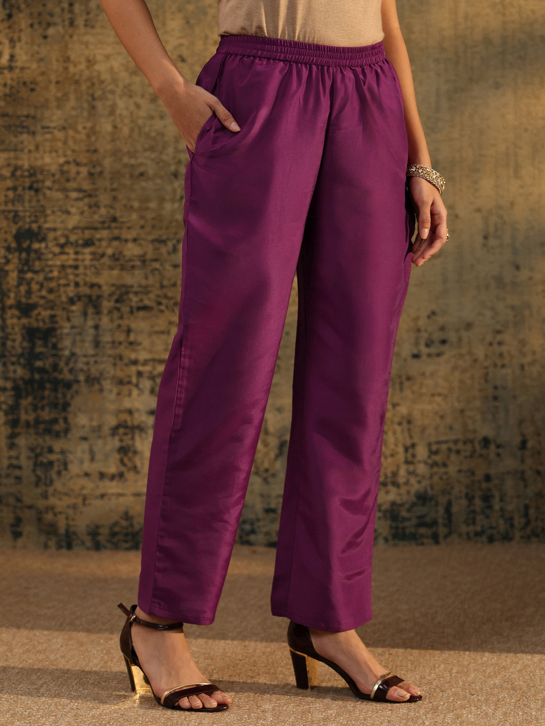  Libas Dark Purple Floral Embroidered  Chinon Straight Suit Set 