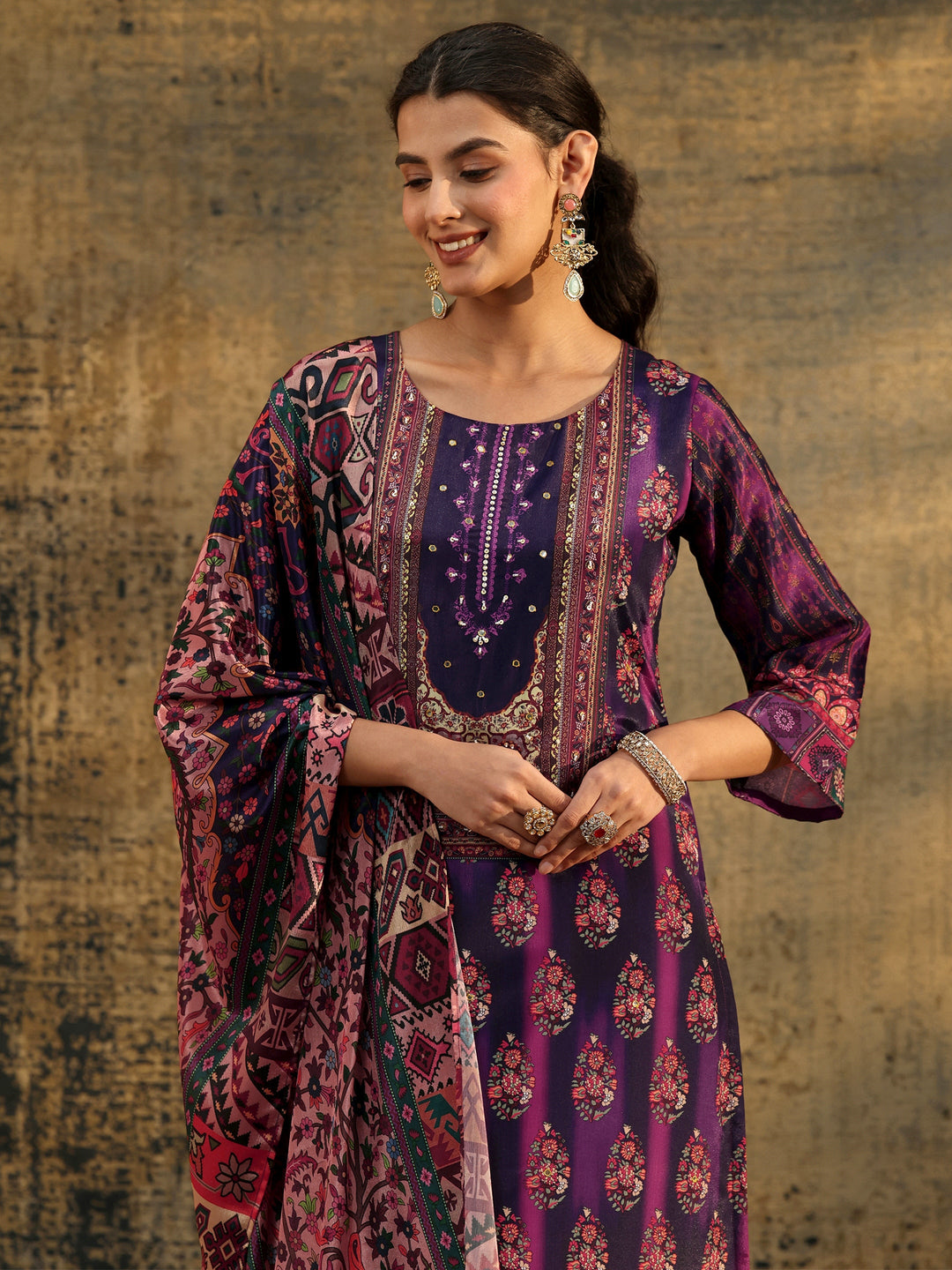  Libas Dark Purple Floral Embroidered  Chinon Straight Suit Set 