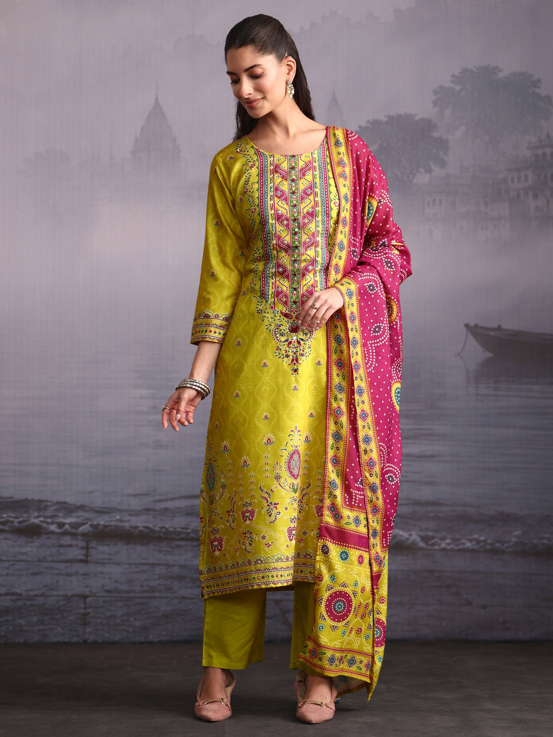  Libas Lime Green Floral Printed Cotton Straight Suit Set 