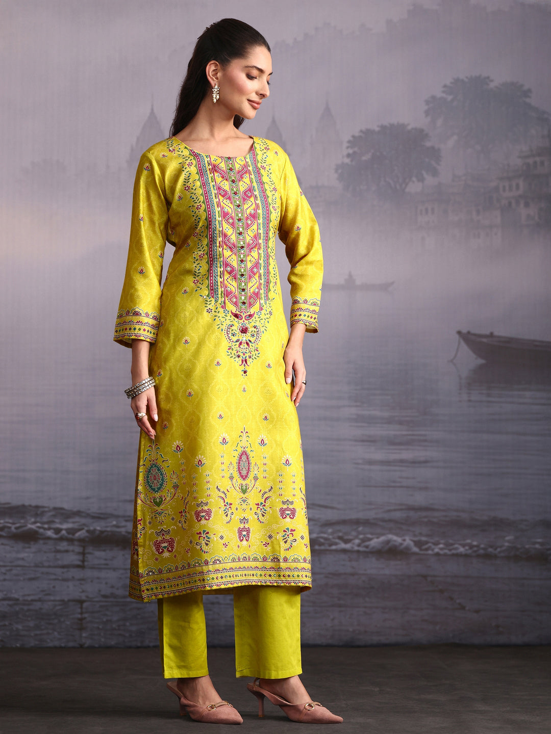 Libas Lime Green Floral Printed Cotton Straight Suit Set 
