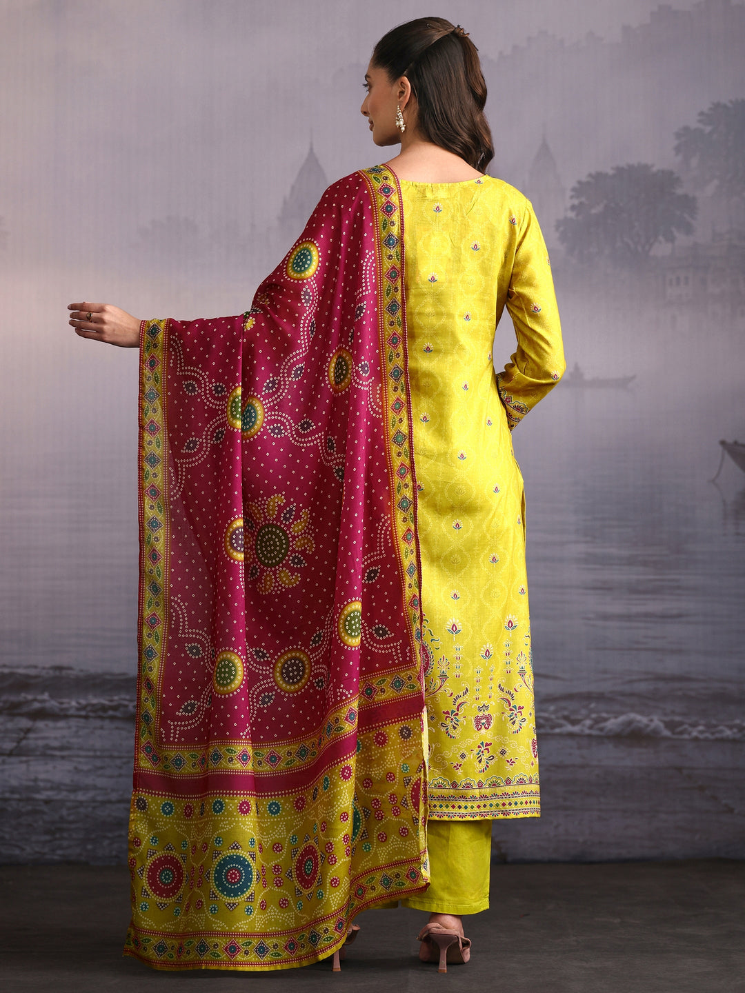  Libas Lime Green Floral Printed Cotton Straight Suit Set 