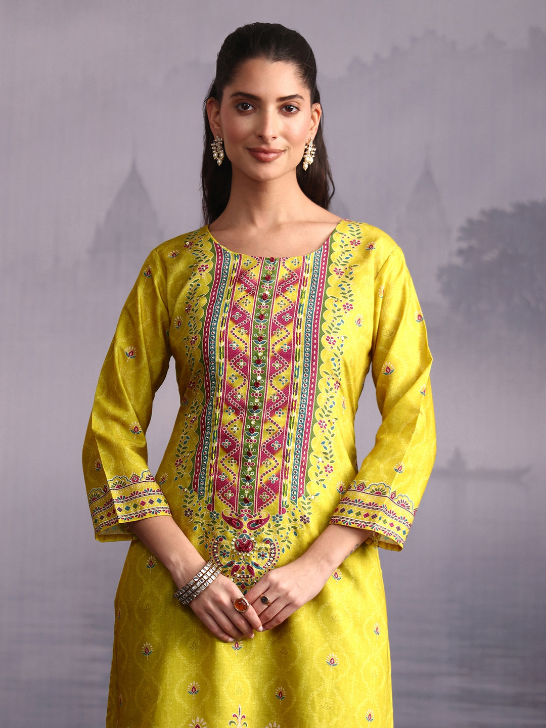  Libas Lime Green Floral Printed Cotton Straight Suit Set 