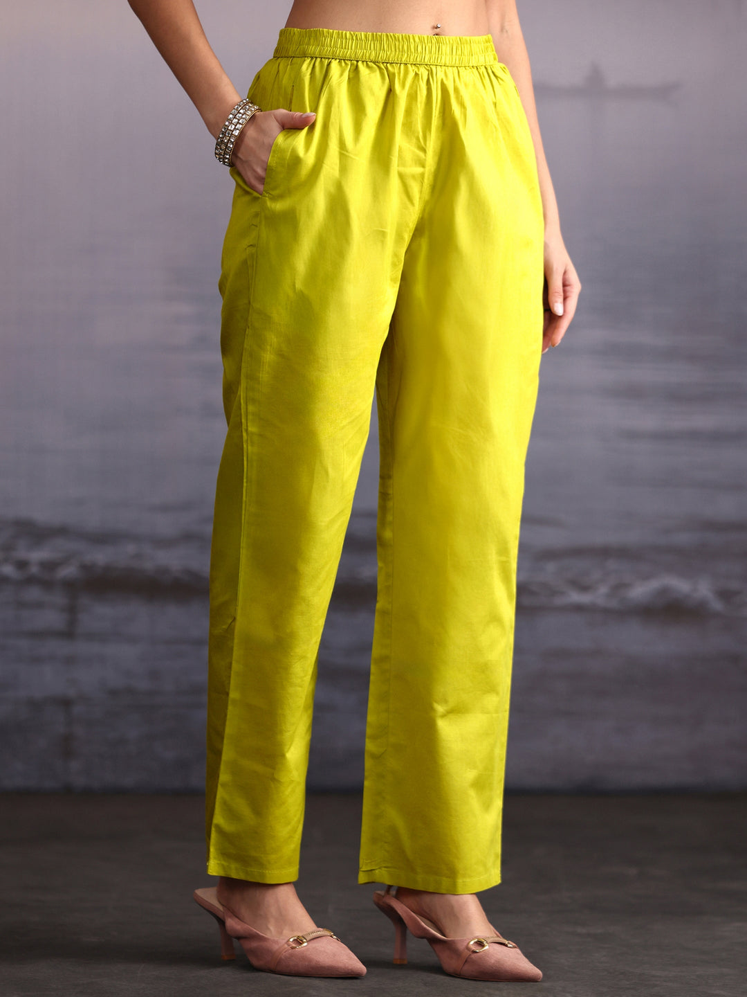  Libas Lime Green Floral Printed Cotton Straight Suit Set 