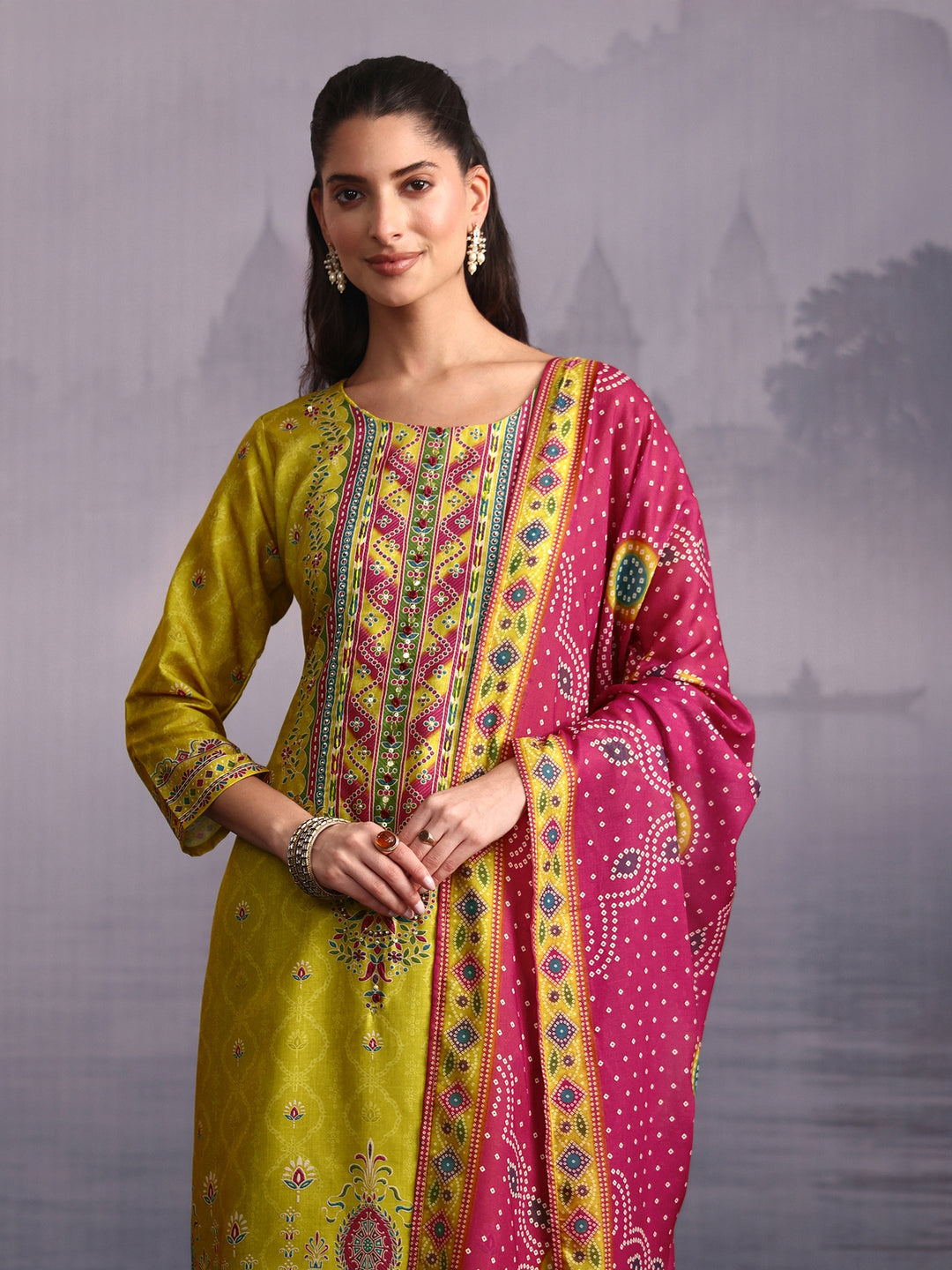  Libas Lime Green Floral Printed Cotton Straight Suit Set 