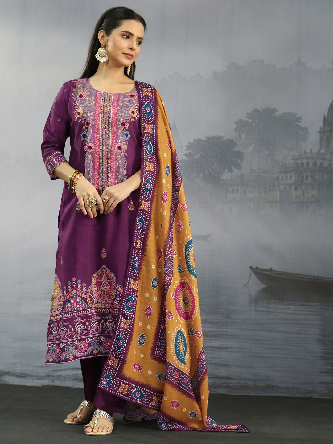  Libas Purple Floral Printed Cotton Straight Suit Set 