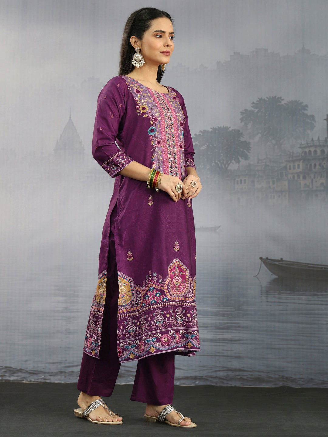  Libas Purple Floral Printed Cotton Straight Suit Set 