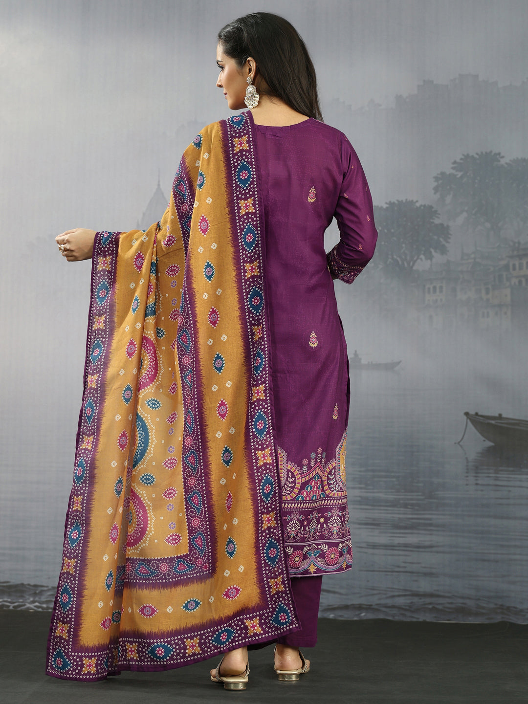  Libas Purple Floral Printed Cotton Straight Suit Set 