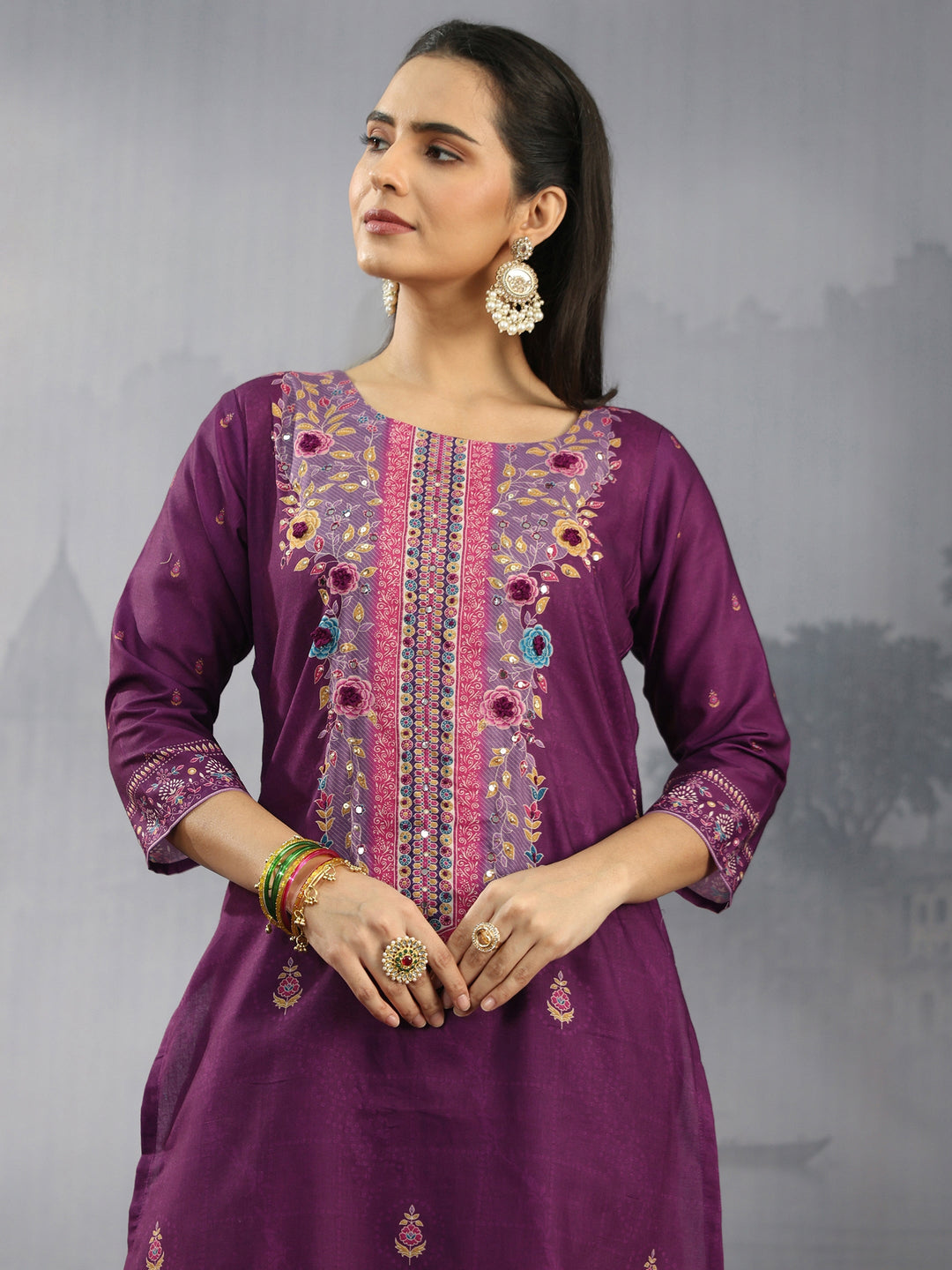  Libas Purple Floral Printed Cotton Straight Suit Set 